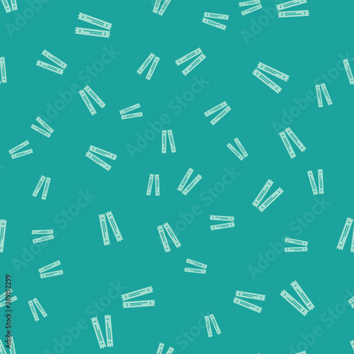 Green Sugar stick packets icon isolated seamless pattern on green background. Blank individual package for bulk food products as coffee, salt, spices. Vector.