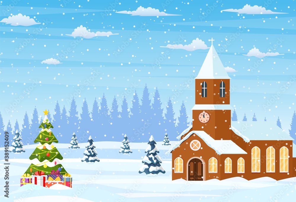 Winter landscape with church. Christmas landscape tree. New year decoration. Merry christmas holiday xmas celebration. Vector illustration flat style
