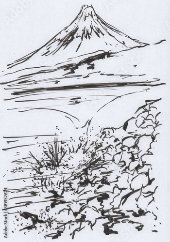 富士山と海の墨絵