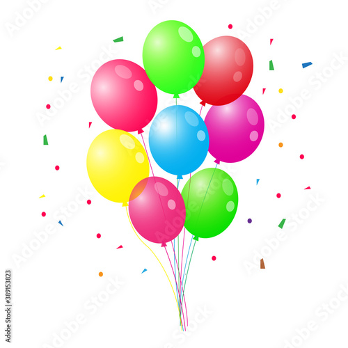  Colorful Shiny Balloons With Confetti Illustration Vector. Perfect For Birthday Greeting Card.