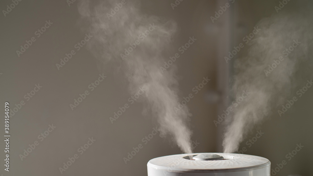 Close-up of steam from an air humidifier in a living room