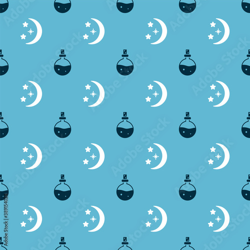 Set Bottle with love potion and Moon and stars on seamless pattern. Vector.