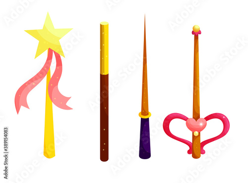 Magic wands cartoon flat vector illustrations set. Fantasy stick with yellow star and pink ribbon isolated on white background. Traditional fairy and magicians tool, wizards instrument for spellcraft