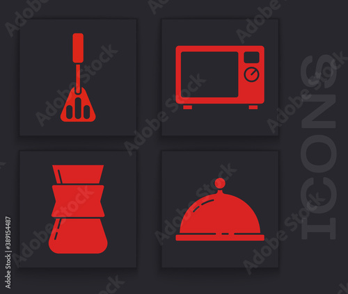 Set Covered with tray of food, Spatula, Microwave oven and Coffee turk icon. Vector.