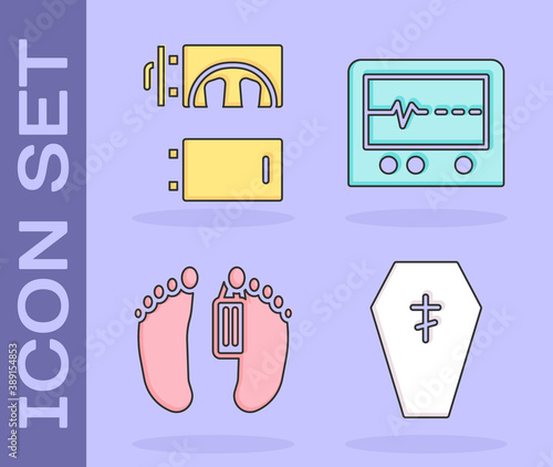 Set Coffin with cross, Crematorium, Dead body and Beat dead in monitor icon. Vector.