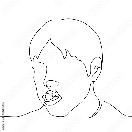 portrait of a man with a mouth full of food sticking out. one line drawing male glutton eating greedy and sloppy
