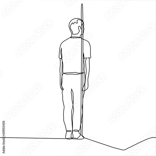 full length man stands face to the corner of the room. one line drawing concept desire to hide, apathy, depression, shame, overwork