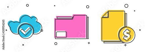 Set Cloud with check mark, Document folder and Finance document icon. Vector.