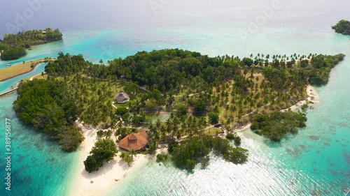 Aerial view of Tropical island with sand beach, palm trees by atoll with coral reef. Malipano island, Philippines, Samal.