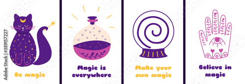 Witchcrft greeting cards set. Witch cat, potion, crystal ball, fortune teller hand. Hallooween party flyer, banner.
