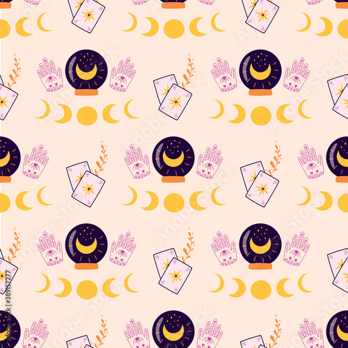 Fortune pattern. Magic crystal ball in hands, moon, cards pattern. Crystal ball future hand drawn seamless background