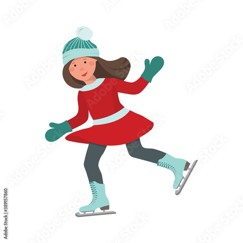 Cute girl ice skating. Christmas card. Little skater, girl skating on ice.