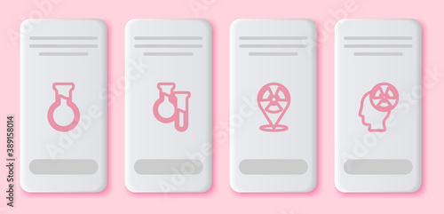 Set line Test tube and flask, , Radioactive in location and Head radiation symbol. White rectangle button. Vector.
