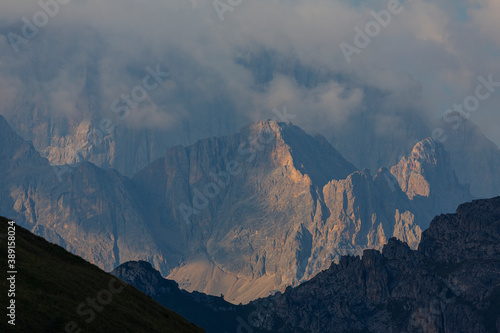 Wonderful sunset view of Dolomiti Alps, Rolle pass, Trentino, Italy, Europe.
