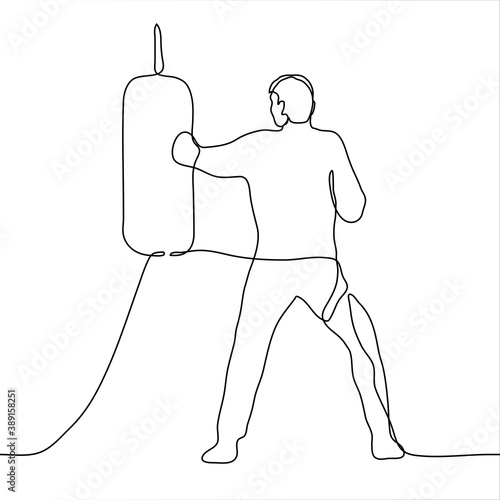 man in full growth trains punches with a punching bag. one line drawing boxer practicing punches, training independently.