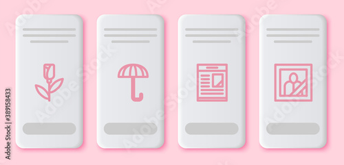 Set line Flower rose, Umbrella, Obituaries and Mourning photo frame. White rectangle button. Vector.
