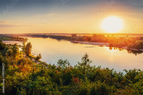 View of the river valley. Vistula river valley. Sunset on the Vistula River in Kazimierz Dolny in the Lublin region.