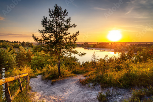 View of the river valley. Vistula river valley. Sunset on the Vistula River in Kazimierz Dolny in the Lublin region.