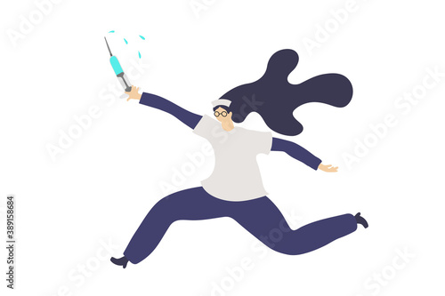 funny cute nurse runs holding a syringe with medication. vector flat illustration of a medical worker rushing to give an injection to a patient or to inject a vaccine
