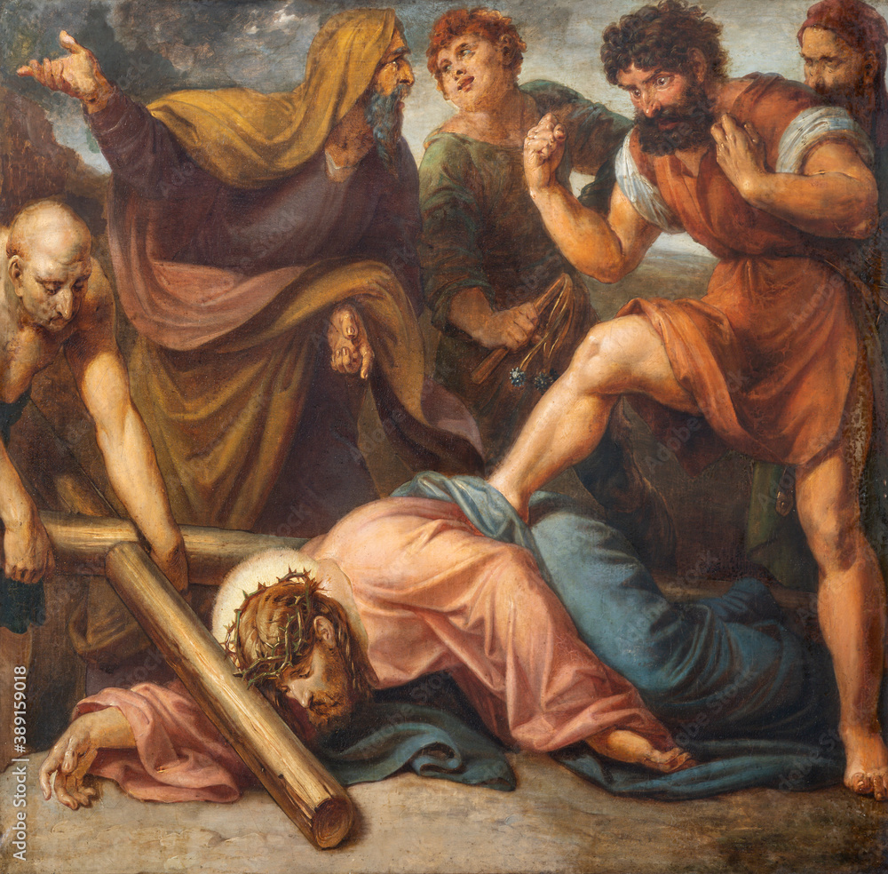 VIENNA, AUSTIRA - OCTOBER 22, 2020: The painting Jesus fall under the cross in church St. Johann der Evangelist by Karl Geiger (1876).
