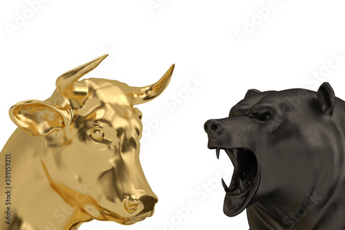 Financial concept，Bear and Bull Isolated On White Background, 3D rendering. 3D illustration.