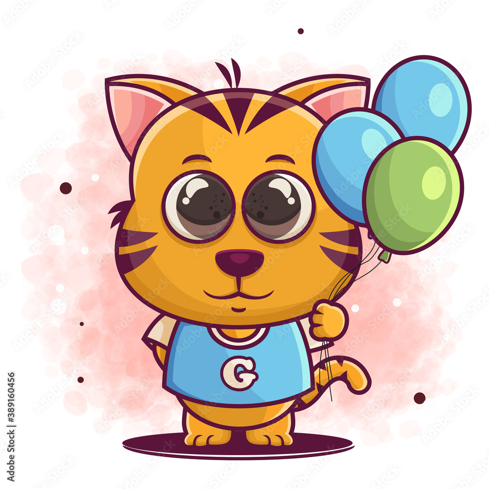 cute cat cartoon character holding balloons illustration