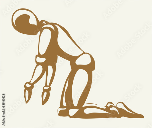 The puppet is kneeling. Vector drawing