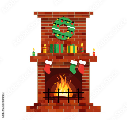 Christmas fireplace. Decoration with fireplace. Holiday decorating template. Flat Style