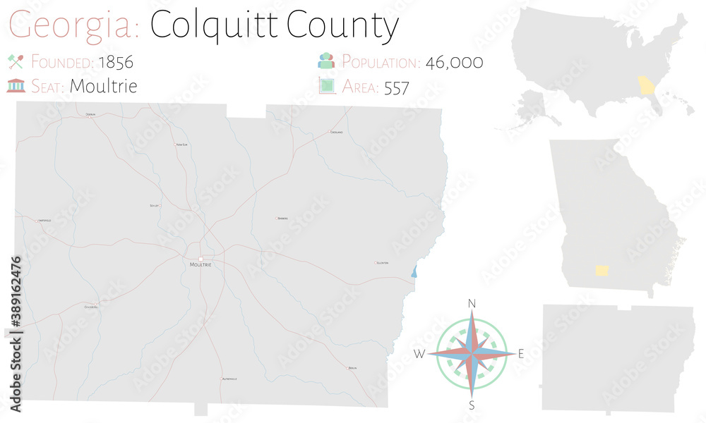Fototapeta premium Large and detailed map of Colquitt county in Georgia, USA.