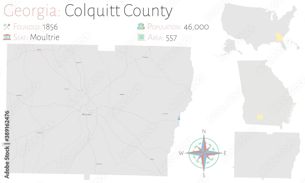 Large and detailed map of Colquitt county in Georgia, USA.