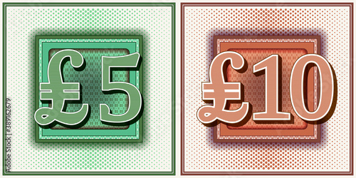 Set. Logo with guilloche mesh pattern five and ten pounds sterlings denomination. Background with dots in a frame. EPS10
