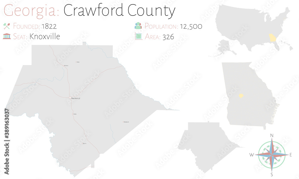 Large and detailed map of Crawford county in Georgia, USA.