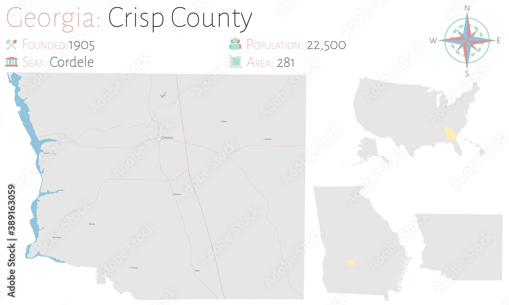 Large and detailed map of Crisp county in Georgia, USA.