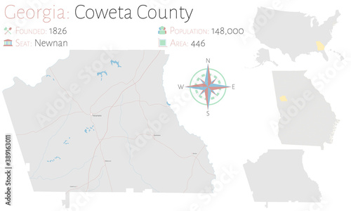 Large and detailed map of Coweta county in Georgia, USA.