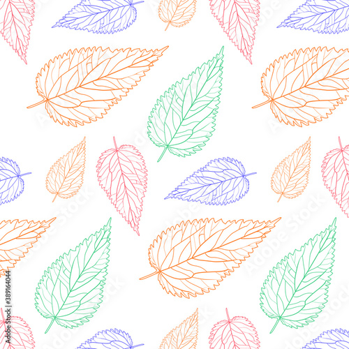 Seamless white background with Botanical colored nettle leaf outlines