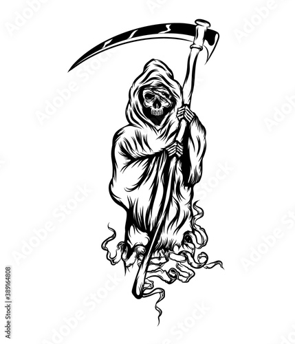The grim reaper standing and holding the scythe