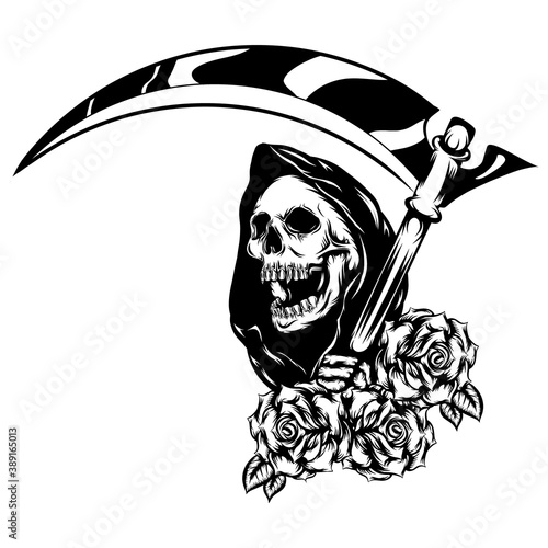 The grim reaper with the beautiful flowers as the border