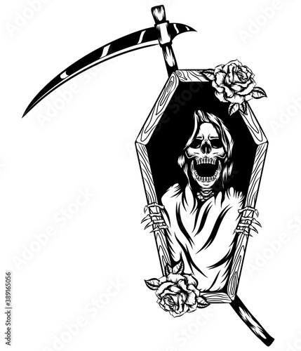 The grim reaper out of the coffin with the flowers