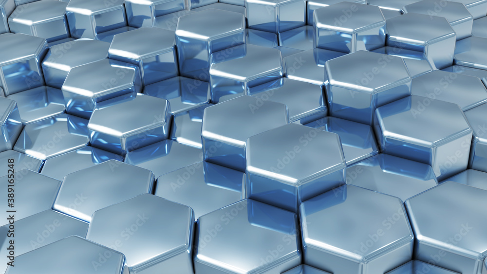 Abstract 3D geometric background, silver chrome hexagons metallic shapes stacks, render technology illustration. Abstract 3D geometric background, silver chrome hexagons metallic shapes stacks, render technology illustration.