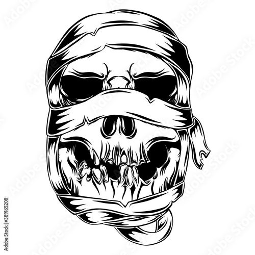 The mummy skull with the messy shroud for the tattoo illustration