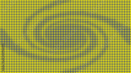 Minimal blue and yellow halftone background. Circles, dots of various diameters in the form of a swirling whirlpool.
