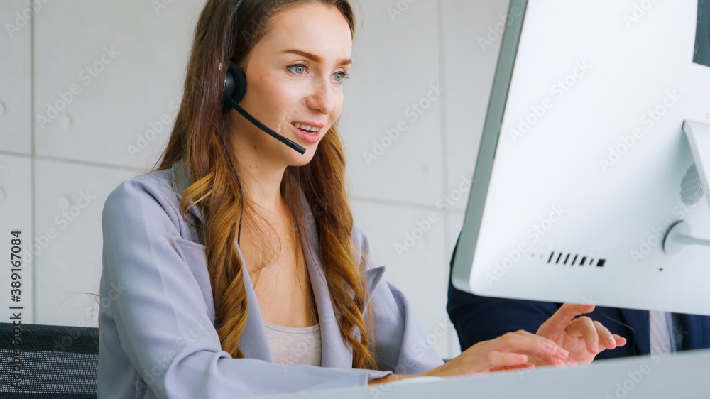 Business people wearing headset working in office to support remote  customer or colleague. Call center, telemarketing, customer support agent  provide service on telephone video conference call. photo – Group of people  Image