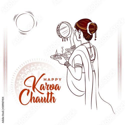 Vector line art illustration of Indian Woman seeing moon through sieve during Karva Chauth celebration