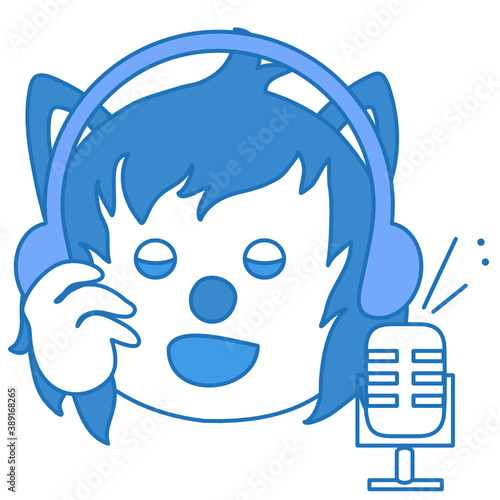 emoticon is singing while recording a song or voice dub in a booth of sound recording studio with microphone and headphones, simplistic facial expression vector illustration, wolf cartoon character