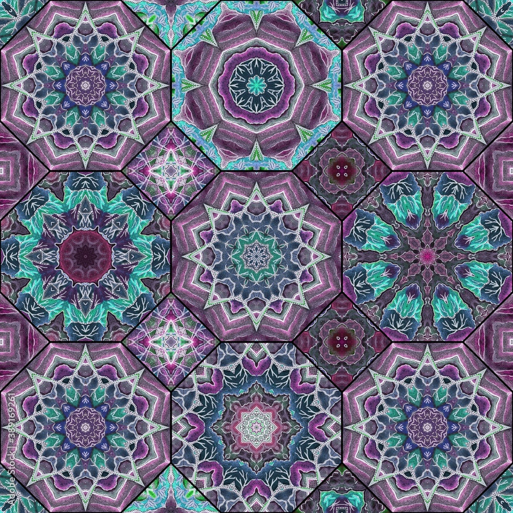Beautiful seamless patchwork pattern in ethnic style with mandalas in blue, purple and emerald tones.