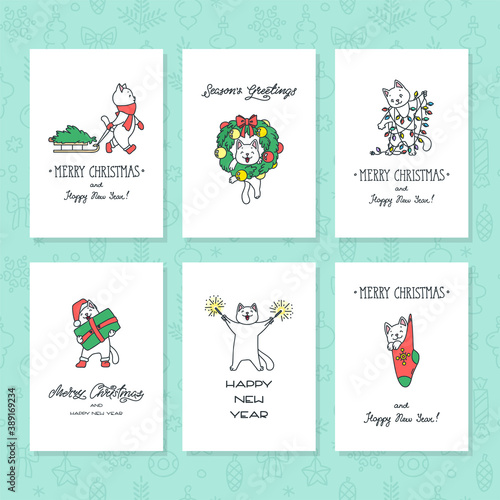 Happy New Year. Set of winter holiday greeting cards with cute white cats preparing to celebrate Christmas. Vector 10 EPS.