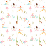 Beautiful seamless pattern with watercolor cute yoga girls. Stock illustration.