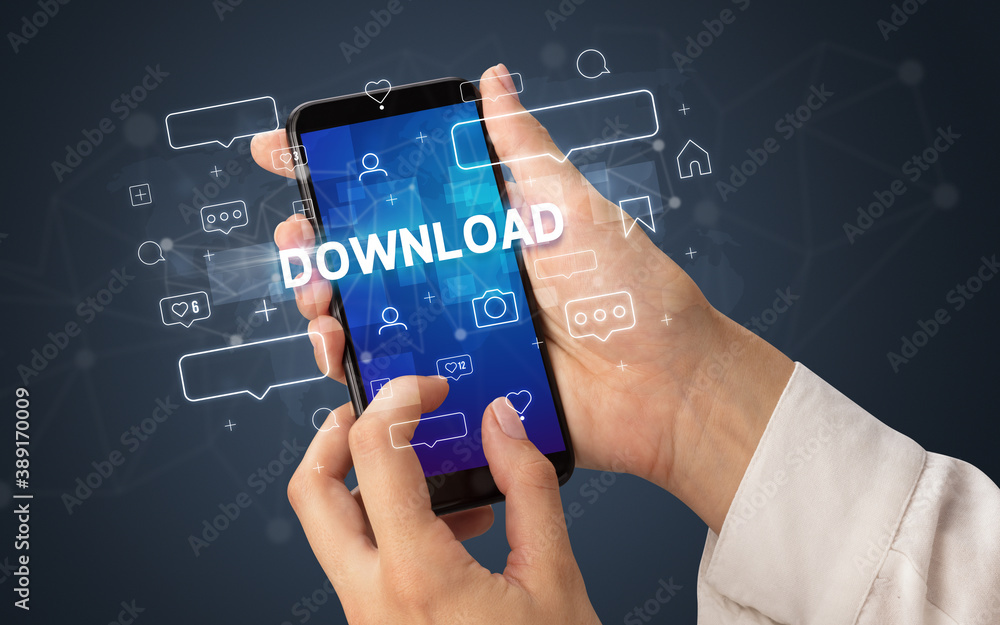 Obraz premium Female hand typing on smartphone with DOWNLOAD inscription, social media concept