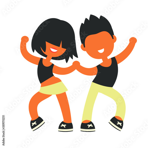 Sporty girl and boy dancing together. None stroke cartoon flat style, isolated vector illustration.