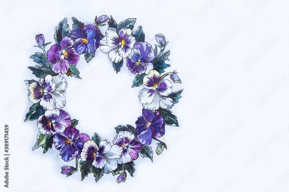 a wreath of purple and white flowers. a watercolour pattern